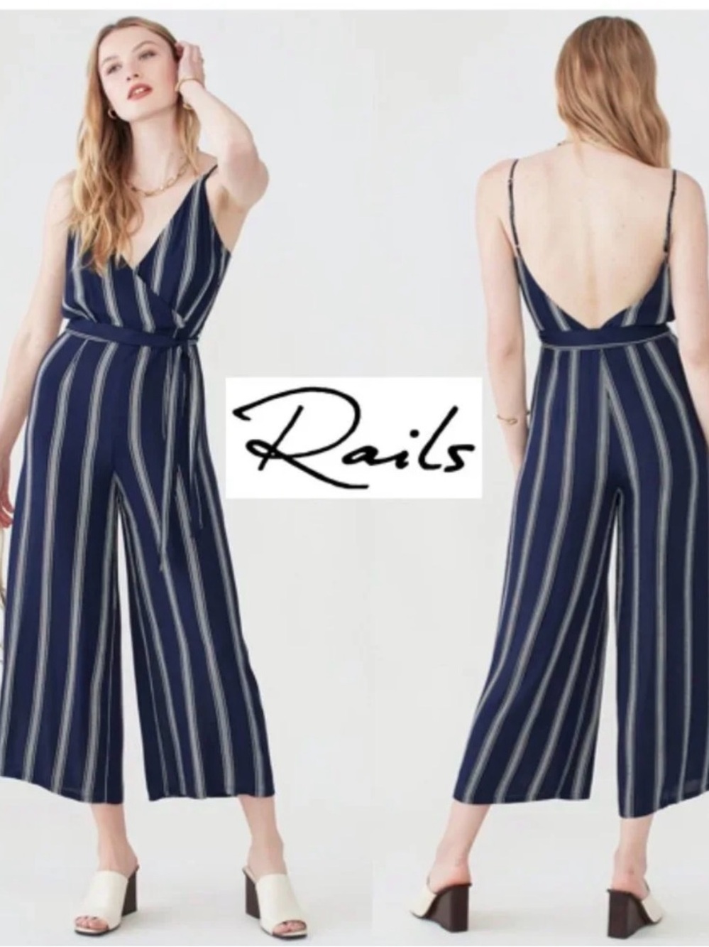 Rails Navy and White Striped V-Neck Wide-Leg Jumpsuit
